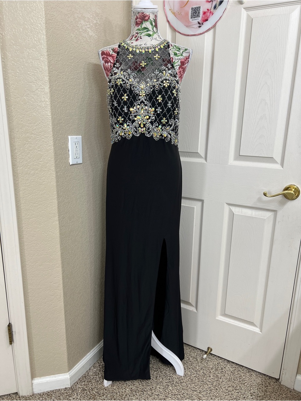 Black Beaded Prom Dress with Front Slit